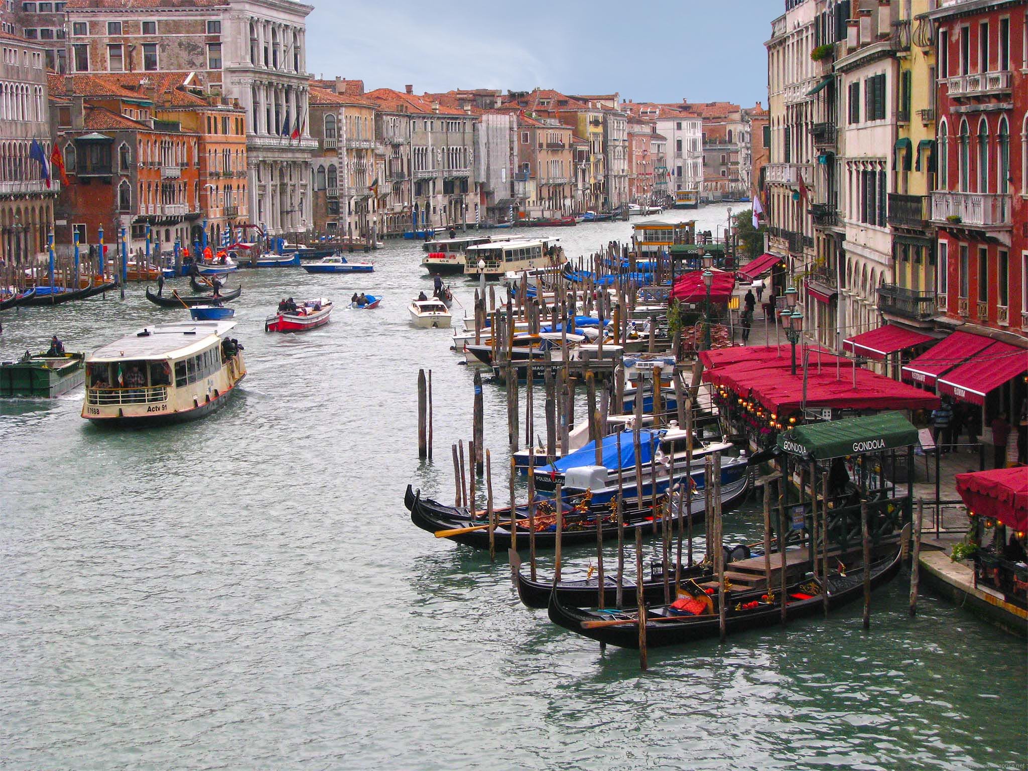«Парковка» гондол на Гранд-канале возле моста Риалто, Венеция, Италия